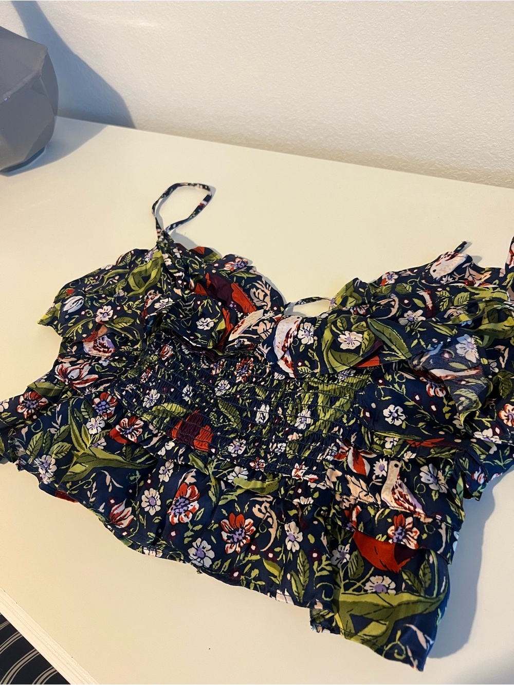 Anthropologie LyreBird Black Floral Pattern Ruffle Cinched Tank Top Blouse